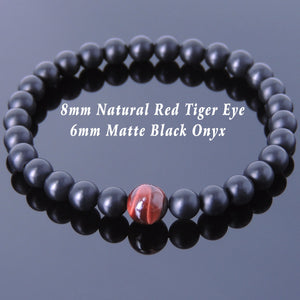 8mm Red Tiger Eye & 6mm Matte Black Onyx Healing Gemstone Bracelet - Handmade by Gem & Silver BR651