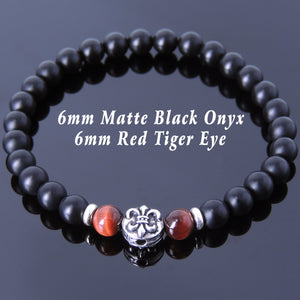 6mm Red Tiger Eye & Matte Black Onyx Healing Gemstone Bracelet with S925 Sterling Silver Spacers & Fleur de Lis Bead - Handmade by Gem & Silver BR659