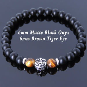 6mm Brown Tiger Eye & Matte Black Onyx Healing Gemstone Bracelet with S925 Sterling Silver Spacers & Fleur de Lis Bead - Handmade by Gem & Silver BR660