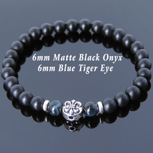 6mm Blue Tiger Eye & Matte Black Onyx Healing Gemstone Bracelet with S925 Sterling Silver Spacers & Fleur de Lis Bead - Handmade by Gem & Silver BR661