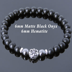 6mm Hematite & Matte Black Onyx Healing Gemstone Bracelet with S925 Sterling Silver Spacers & Fleur de Lis Bead - Handmade by Gem & Silver BR664