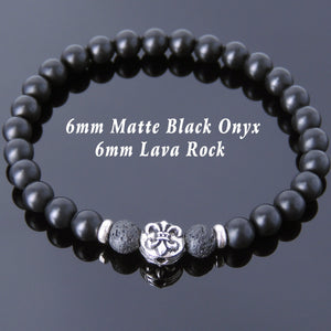 6mm Lava Rock & Matte Black Onyx Healing Gemstone Bracelet with S925 Sterling Silver Spacers & Fleur de Lis Bead - Handmade by Gem & Silver BR666