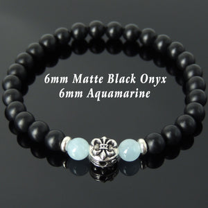 6mm Aquamarine & Matte Black Onyx Healing Gemstone Bracelet with S925 Sterling Silver Spacers & Fleur de Lis Bead - Handmade by Gem & Silver BR668
