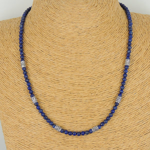 4mm Lapis Lazuli Healing Gemstone Necklace with S925 Sterling Silver Barrel Beads & Clasp - Handmade by Gem & Silver NK097