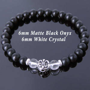 6mm White Crystal Quartz & Matte Black Onyx Healing Gemstone Bracelet with S925 Sterling Silver Spacers & Fleur de Lis Bead - Handmade by Gem & Silver BR669