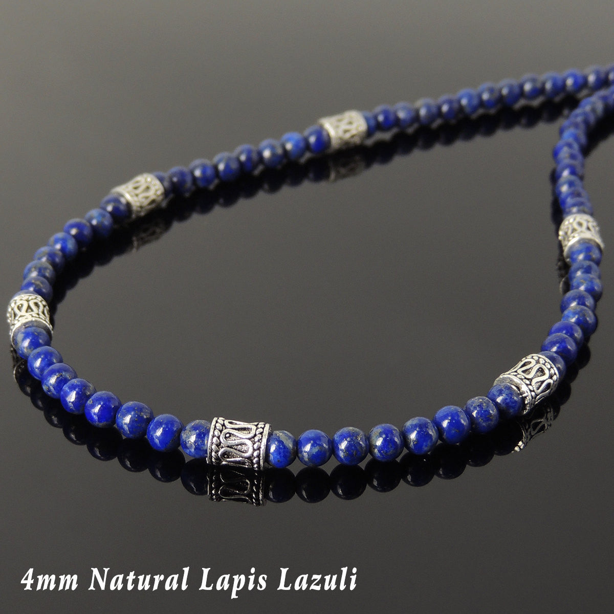 4mm Lapis Lazuli Healing Gemstone Necklace with S925 Sterling Silver Barrel Beads & Clasp - Handmade by Gem & Silver NK097