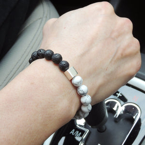 8mm Lava Rock & White Howlite Healing Stone Bracelet with S925 Sterling Silver Geometric Cube Balance Bead - Handmade by Gem & Silver BR677