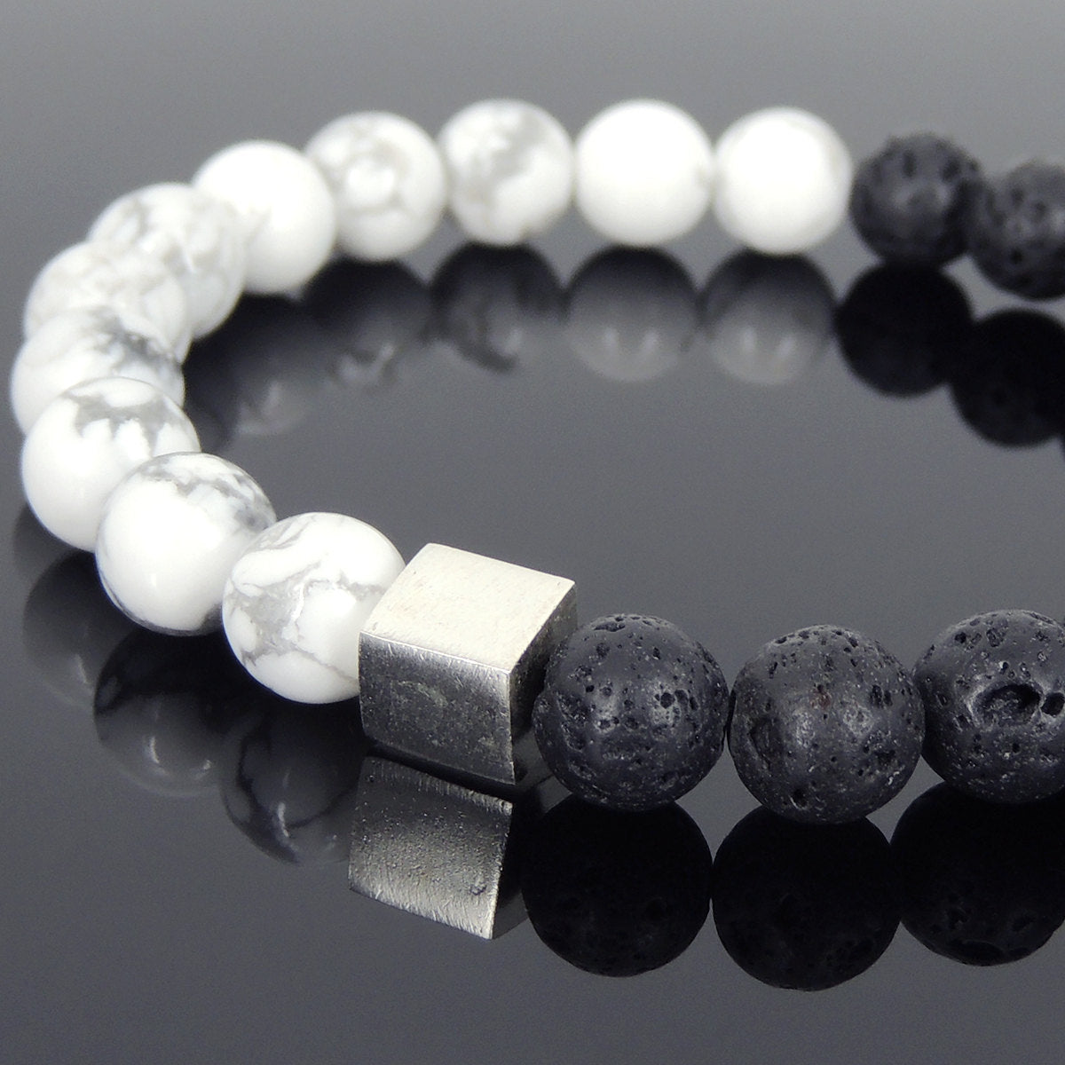 8mm Lava Rock & White Howlite Healing Stone Bracelet with S925 Sterling Silver Geometric Cube Balance Bead - Handmade by Gem & Silver BR677