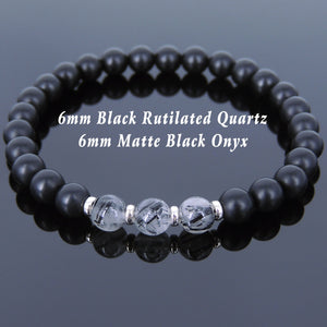 6mm Matte Black Onyx & Black Rutilated Quartz Healing Gemstone Bracelet with S925 Sterling Silver Spacers - Handmade by Gem & Silver BR678