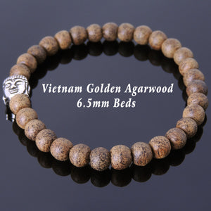 6.5mm Golden Agarwood Meditation Bracelet with S925 Sterling Silver Guanyin Buddha Bead - Handmade by Gem & Silver BR683