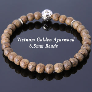 6.5mm Golden Agarwood Meditation Bracelet with S925 Sterling Silver Spacers & OM Mantra Bead - Handmade by Gem & Silver BR684