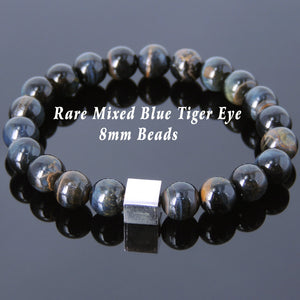 8mm Rare Mixed Blue Tiger Eye Healing Gemstone Bracelet with S925 Sterling Silver Geometric Cube Balance Bead - Handmade by Gem & Silver BR688