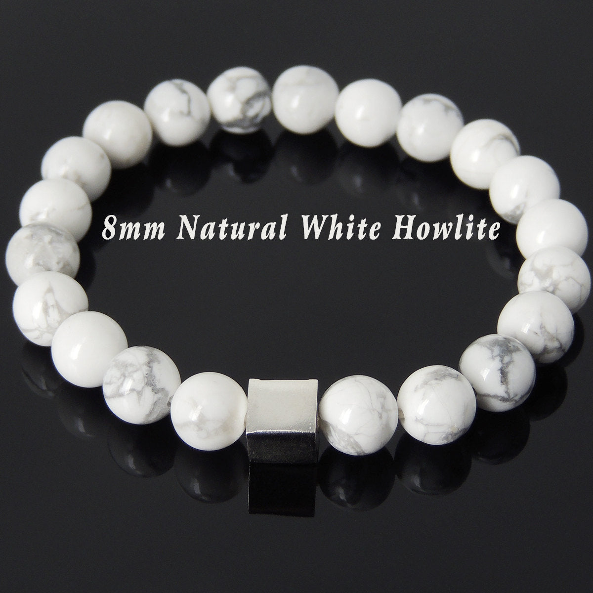 8mm White Howlite Healing Gemstone Bracelet with S925 Sterling Silver Geometric Cube Balance Bead - Handmade by Gem & Silver BR692