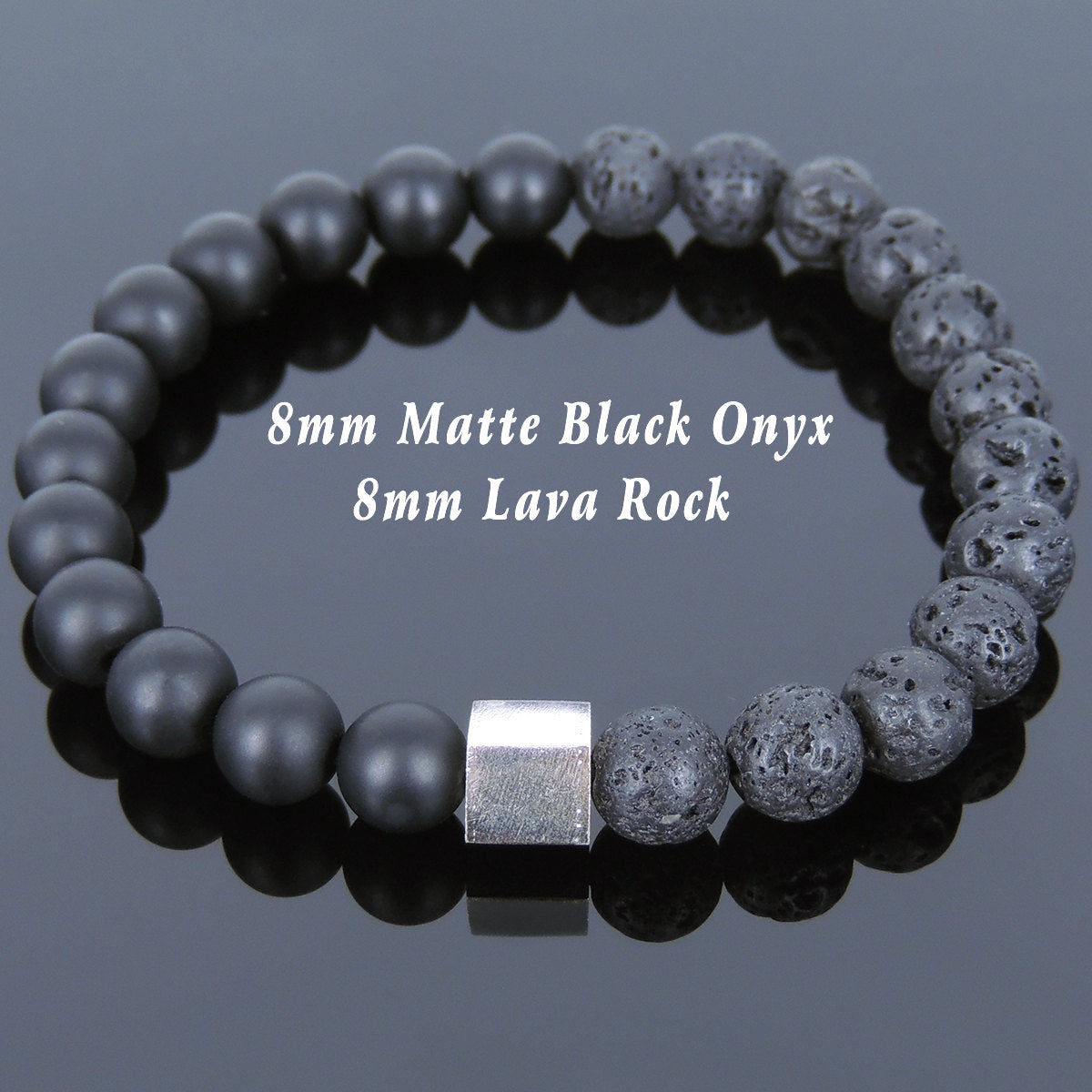 8mm Lava Rock & Matte Black Onyx Healing Stone Bracelet with S925 Sterling Silver Geometric Cube Balance Bead - Handmade by Gem & Silver BR676