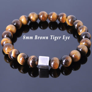 8mm Brown Tiger Eye Healing Gemstone Bracelet with S925 Sterling Silver Geometric Cube Balance Bead - Handmade by Gem & Silver BR686