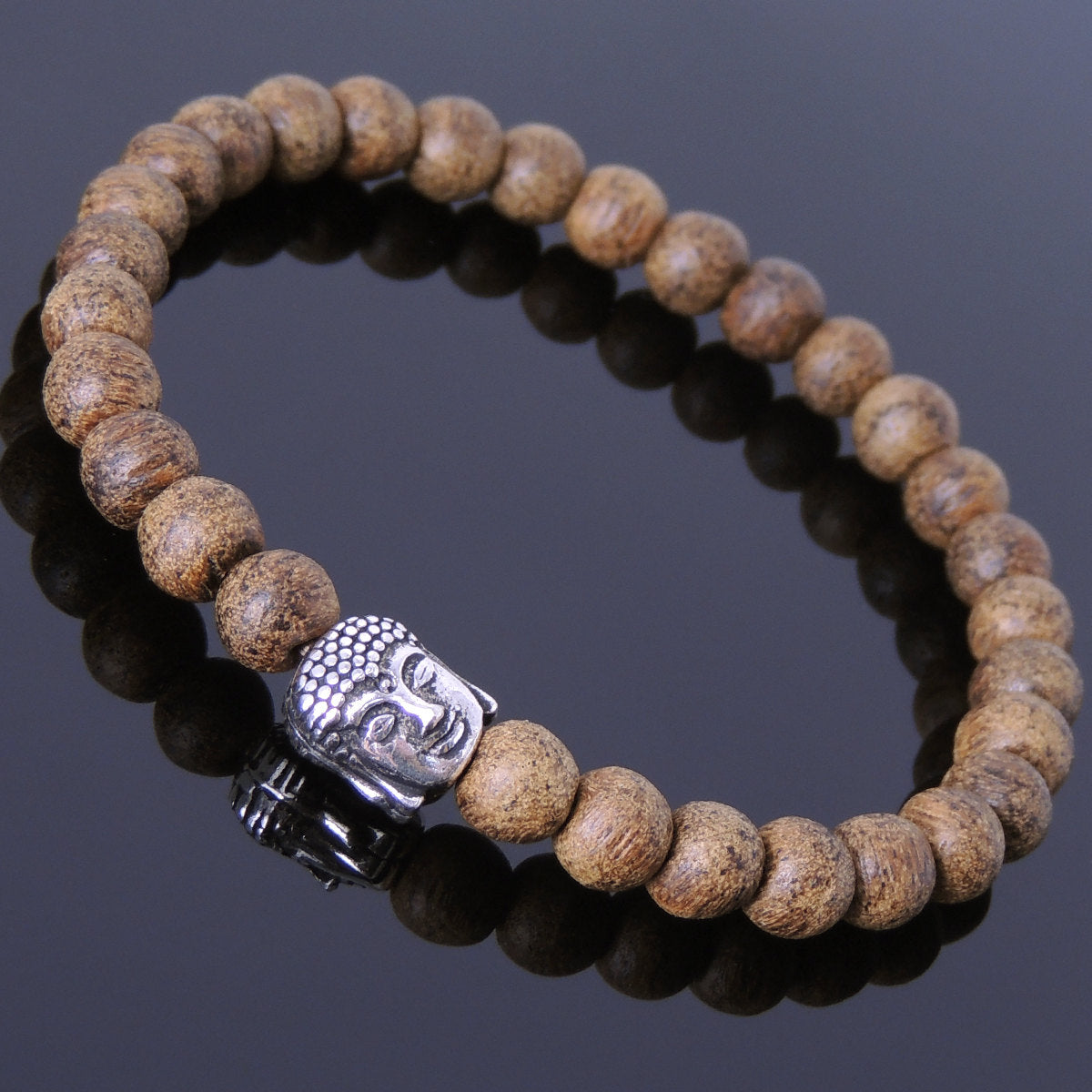 6.5mm Golden Agarwood Meditation Bracelet with S925 Sterling Silver Guanyin Buddha Bead - Handmade by Gem & Silver BR683