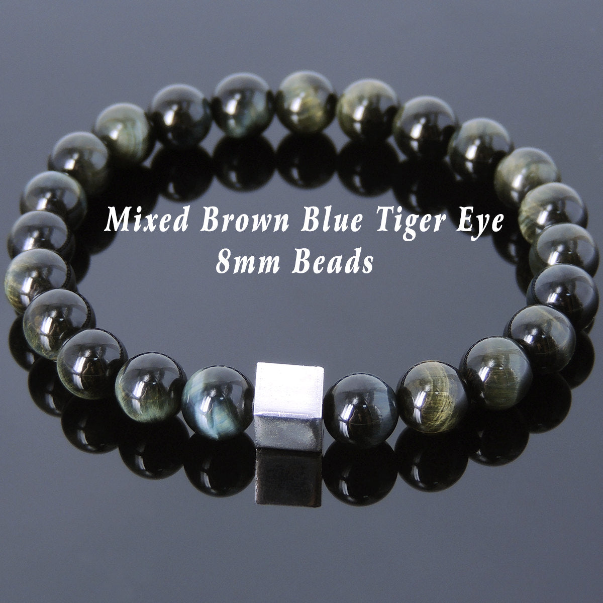 8mm Brown Blue Tiger Eye Healing Gemstone Bracelet with S925 Sterling Silver Geometric Cube Balance Bead - Handmade by Gem & Silver BR689