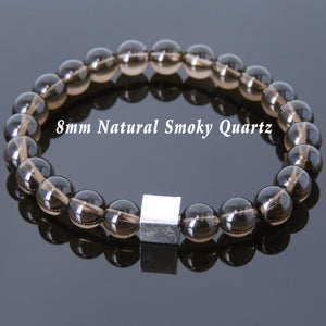 8mm Smokey Quartz Healing Gemstone Bracelet with S925 Sterling Silver Geometric Cube Balance Bead - Handmade by Gem & Silver BR690