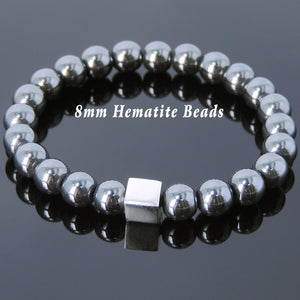 8mm Hematite Healing Gemstone Bracelet with S925 Sterling Silver Geometric Cube Balance Bead - Handmade by Gem & Silver BR691