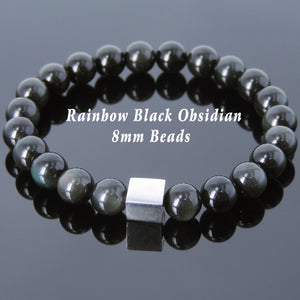 8mm Rainbow Black Obsidian Healing Gemstone Bracelet with S925 Sterling Silver Geometric Cube Balance Bead - Handmade by Gem & Silver BR693