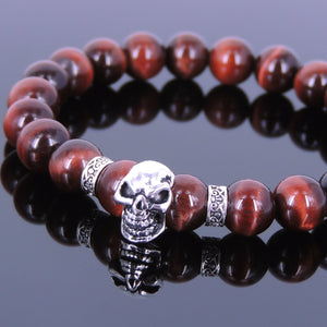 8mm Red Tiger Eye Healing Gemstone Bracelet with S925 Sterling Silver Celtic Spacers & Protection Skull Bead - Handmade by Gem & Silver BR352E