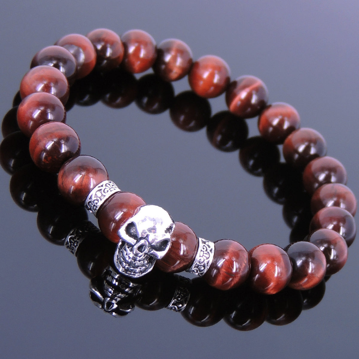 8mm Red Tiger Eye Healing Gemstone Bracelet with S925 Sterling Silver Celtic Spacers & Protection Skull Bead - Handmade by Gem & Silver BR352E