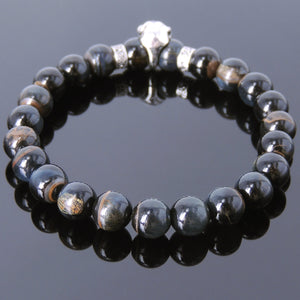 8mm Rare Mixed Blue Tiger Eye Healing Gemstone Bracelet with S925 Sterling Silver Celtic Spacers & Protection Skull Bead - Handmade by Gem & Silver BR694E
