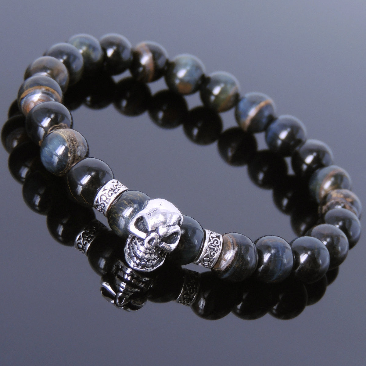8mm Rare Mixed Blue Tiger Eye Healing Gemstone Bracelet with S925 Sterling Silver Celtic Spacers & Protection Skull Bead - Handmade by Gem & Silver BR694E