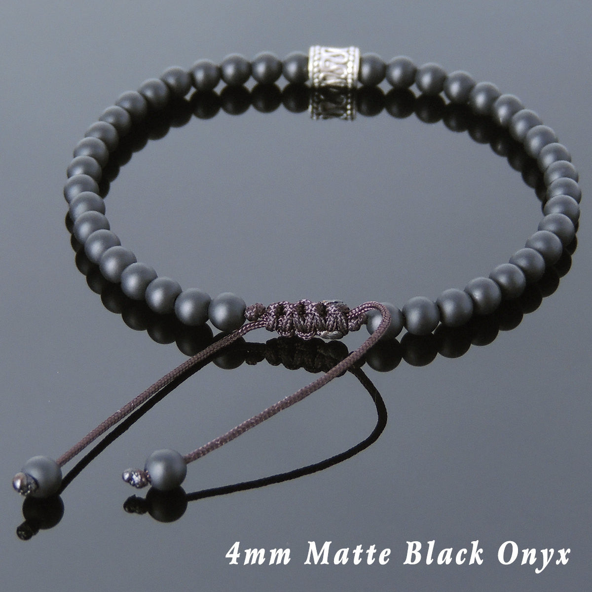 4mm Matte Black Onyx Adjustable Braided Healing Gemstone Bracelet with S925 Sterling Silver Artisan Barrel Bead - Handmade by Gem & Silver BR695