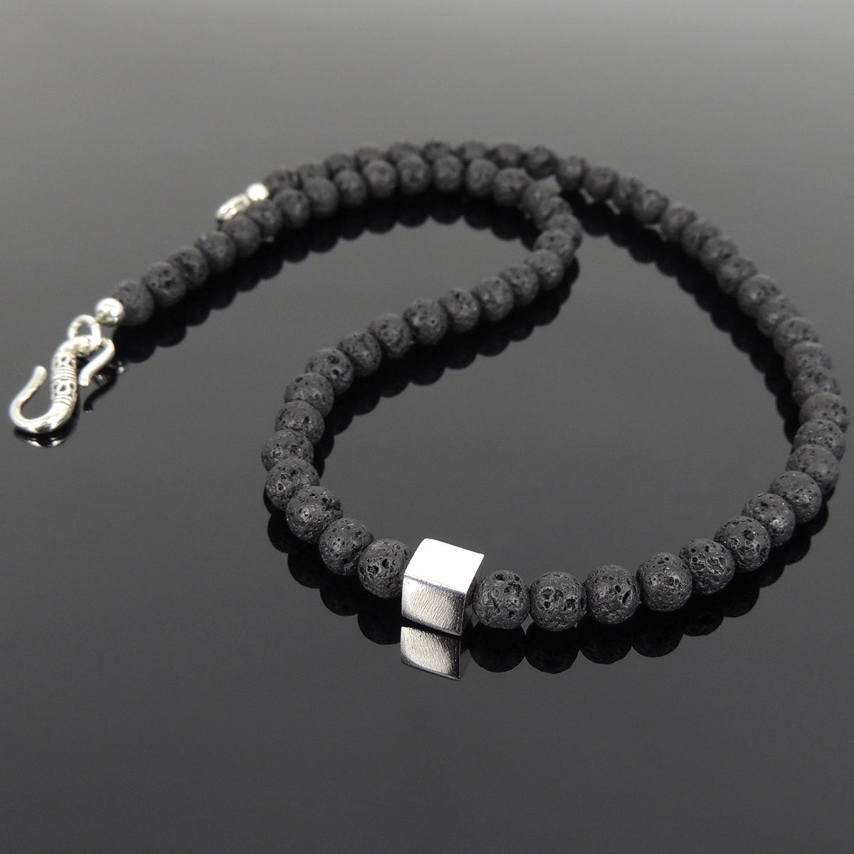 6mm Lava Rock Healing Stone Necklace with S925 Sterling Silver Cube Balance Bead & S-hook Clasp - Handmade by Gem & Silver NK098