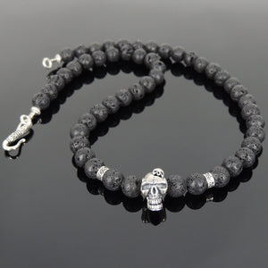 8mm Lava Rock Healing Stone Necklace with S925 Sterling Silver Catacomb Skull Bead & S-hook Clasp - Handmade by Gem & Silver NK099