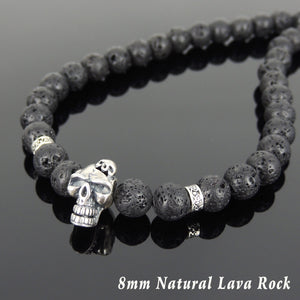 8mm Lava Rock Healing Stone Necklace with S925 Sterling Silver Catacomb Skull Bead & S-hook Clasp - Handmade by Gem & Silver NK099