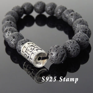 10mm Lava Rock Healing Stone Bracelet with S925 Sterling Silver OM Meditation Charm - Handmade by Gem & Silver BR697
