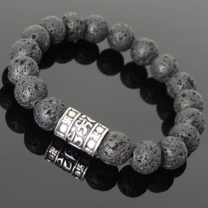 10mm Lava Rock Healing Stone Bracelet with S925 Sterling Silver OM Meditation Charm - Handmade by Gem & Silver BR697