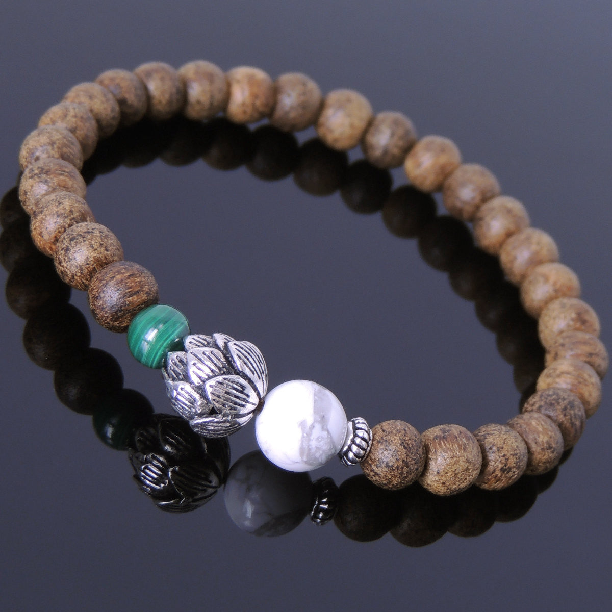 Malachite, White Howlite, & Agarwood Bracelet for Prayer & Meditation with S925 Sterling Silver Spacer & Lotus Protection Bead - Handmade by Gem & Silver BR698