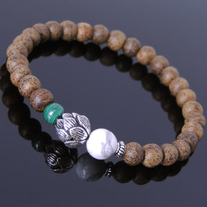 Malachite, White Howlite, & Agarwood Bracelet for Prayer & Meditation with S925 Sterling Silver Spacer & Lotus Protection Bead - Handmade by Gem & Silver BR698