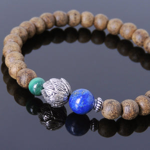 Malachite, Lapis Lazuli, & Agarwood Bracelet for Prayer & Meditation with S925 Sterling Silver Spacer & Lotus Protection Bead - Handmade by Gem & Silver BR699