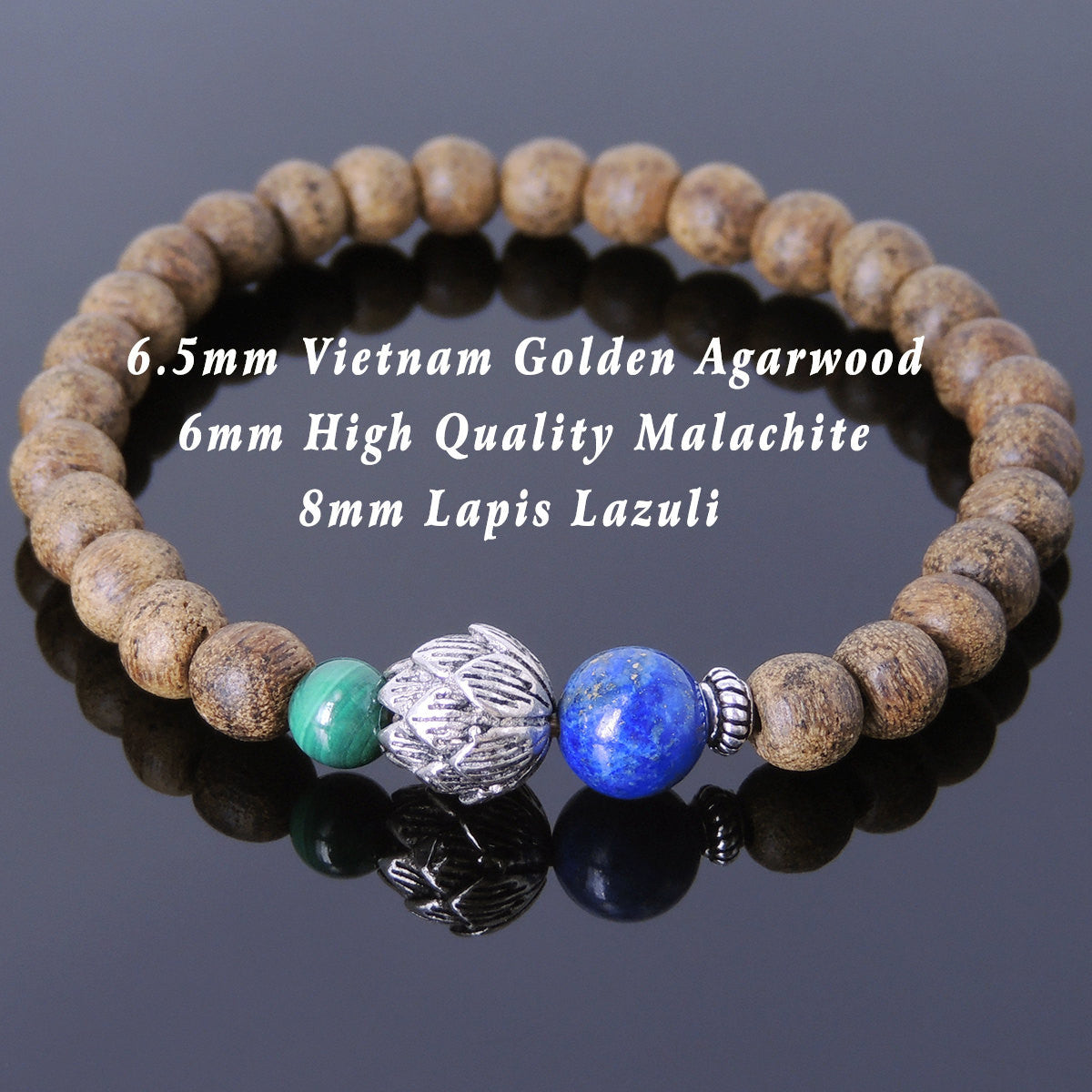Malachite, Lapis Lazuli, & Agarwood Bracelet for Prayer & Meditation with S925 Sterling Silver Spacer & Lotus Protection Bead - Handmade by Gem & Silver BR699