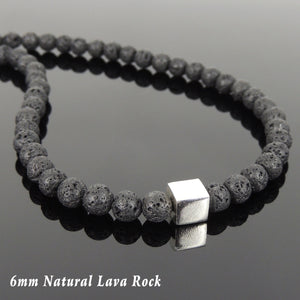 6mm Lava Rock Healing Stone Necklace with S925 Sterling Silver Cube Balance Bead & S-hook Clasp - Handmade by Gem & Silver NK098