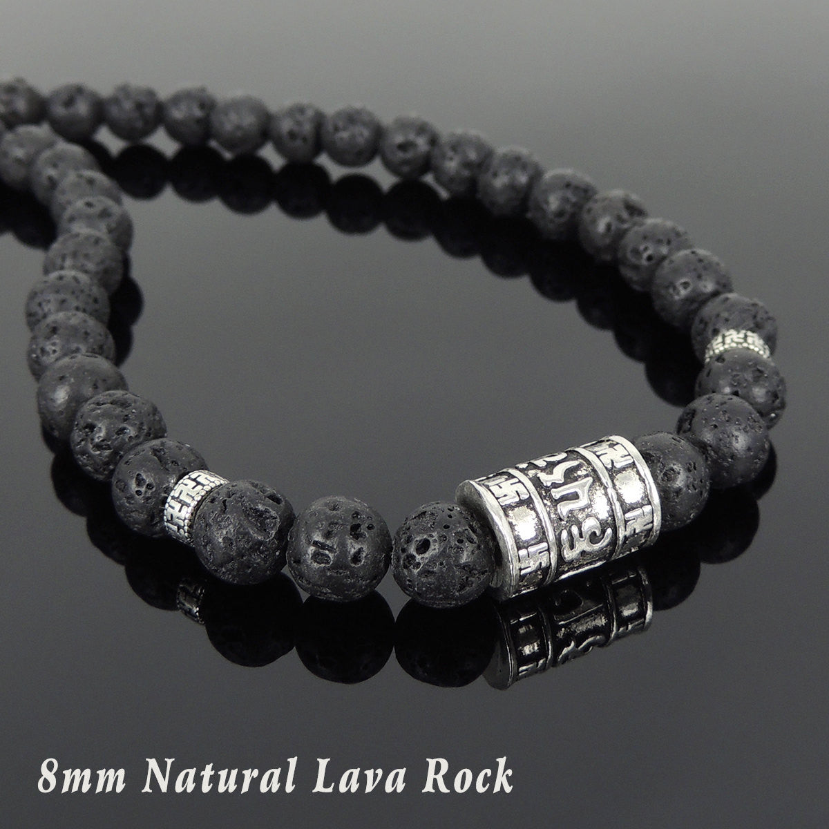 8mm Lava Rock Healing Stone Necklace with S925 Sterling Silver OM Meditation Buddhism Beads & S-hook Clasp - Handmade by Gem & Silver NK100