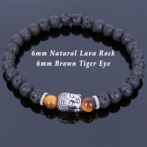 6mm Brown Tiger Eye & Lava Rock Healing Gemstone Bracelet with Tibetan Silver Sakyamuni Buddha & Spacers - Handmade by Gem & Silver TSB118