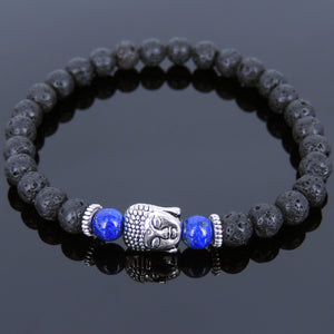 6mm Lapis Lazuli & Lava Rock Healing Gemstone Bracelet with Tibetan Silver Sakyamuni Buddha & Spacers - Handmade by Gem & Silver TSB121