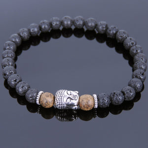 Agarwood & Lava Rock Healing Stone Bracelet with Tibetan Silver Sakyamuni Buddha & Spacers - Handmade by Gem & Silver TSB126