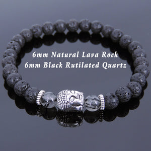 6mm Black Rutilated Quartz & Lava Rock Healing Gemstone Bracelet with Tibetan Silver Spacers & Sakyamuni Buddha - Handmade by Gem & Silver TSB127