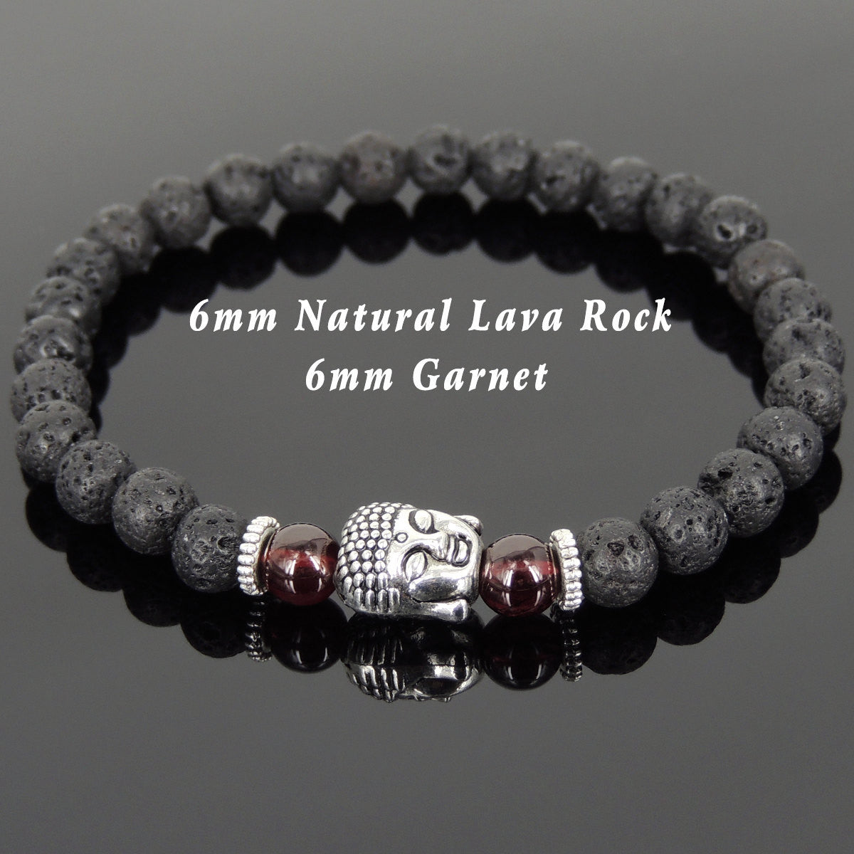 6mm Garnet & Lava Rock Healing Gemstone Bracelet with Tibetan Silver Sakyamuni Buddha & Spacers - Handmade by Gem & Silver TSB130