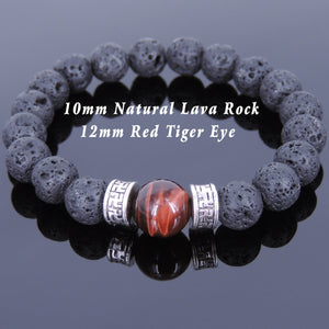 10mm Lava Rock & Red Tiger Eye Healing Gemstone Bracelet with Tibetan Silver Buddhism Protection Beads - Handmade by Gem & Silver TSB136