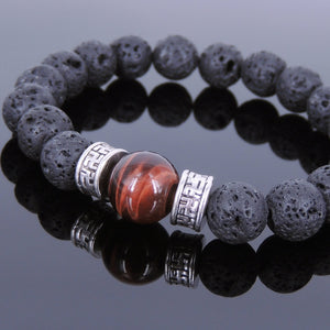 10mm Lava Rock & Red Tiger Eye Healing Gemstone Bracelet with Tibetan Silver Buddhism Protection Beads - Handmade by Gem & Silver TSB136