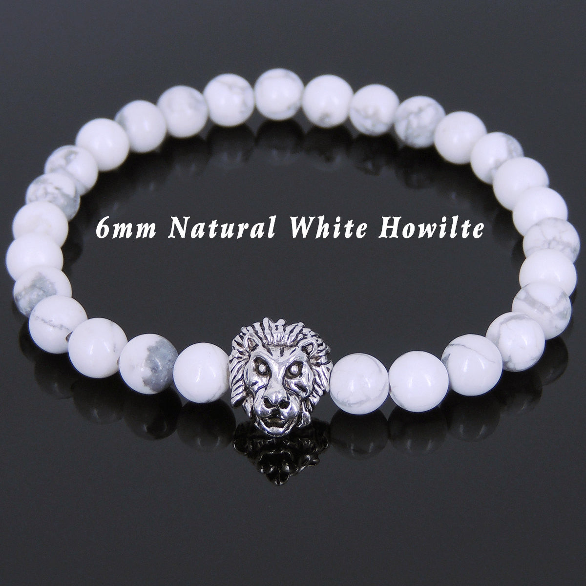 6mm White Howlite Healing Gemstone Bracelet with Vintage Tibetan Silver Lion Head Courage Charm - Handmade by Gem & Silver TSB141