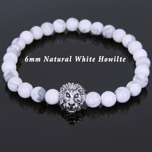 6mm White Howlite Healing Gemstone Bracelet with Vintage Tibetan Silver Lion Head Courage Charm - Handmade by Gem & Silver TSB141