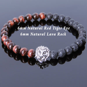 6mm Red Tiger Eye & Lava Rock Healing Gemstone Bracelet with Vintage Tibetan Silver Lion Head Courage Charm - Handmade by Gem & Silver TSB147